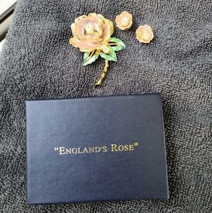 Vintage Graziano signed English Rose Brooch & Earrings Set